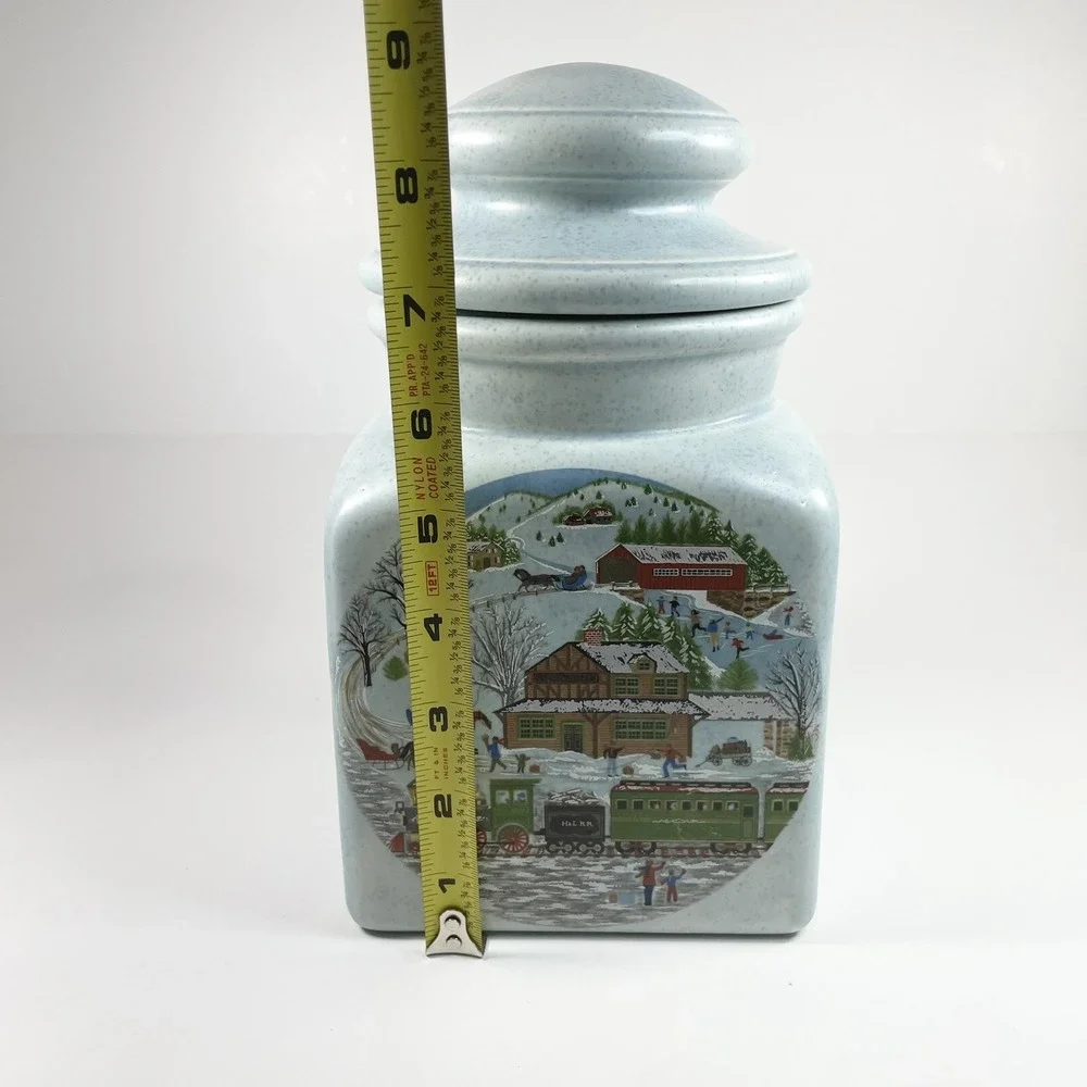 Vintage Ceramic Pale Blue Spackle Lidded Cookie Jar  Winter Small Town Picture